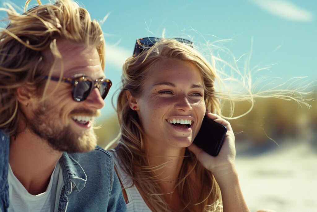 Par der taler i telefon og smiler