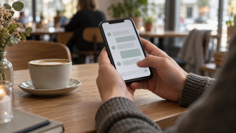 En voksen holder en smartphone med en chat åben ved et cafébord.