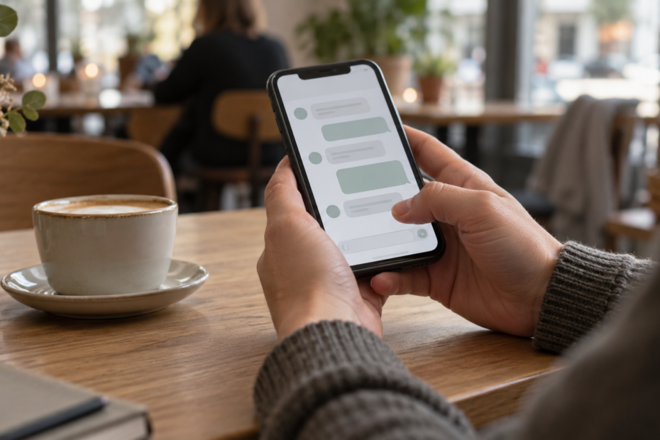 En voksen holder en smartphone med en chat åben ved et cafébord.